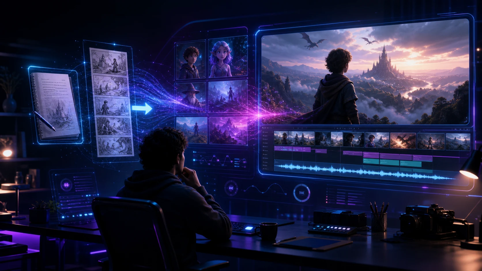 A script, storyboard frames, character sheets, an audio timeline and a finished shot, side by side